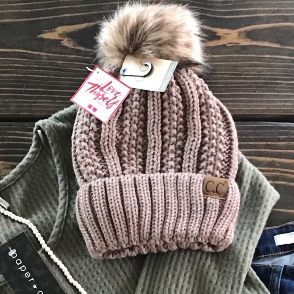 CC BEANIE FAUX FUR POM FUZZY LINED BEANIE
